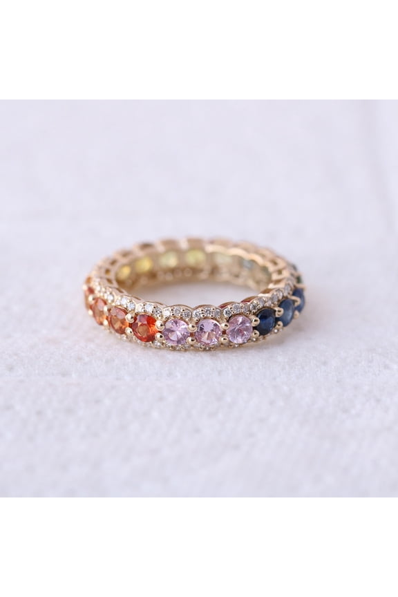 Three Layer Eternity Band, Rainbow Sapphire Full Eternity Band Ring, 18k Gold Filled, Anniversary Gift, Colorful Ring, Wedding Eternity Band.