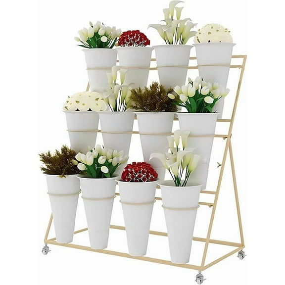 Three-Layer Flower Display Stand with Buckets, Metal Moving Bouquet Shelf, Iron Florist with 4 Universal Wheel and Plastic Buckets, for Living Room Patio Balcony Garden Flower Shops