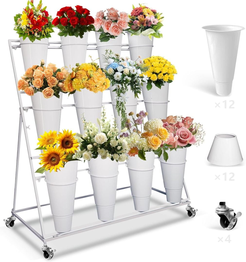 Three-Layer Flower Display Stand with Buckets, Movable Metal Flower Bar ...