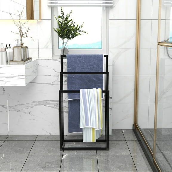 The Three-Layer Free-Standing Metal Towel Rack Adopts High-Quality Steel Structure with Pure Black Matte Coating. It Only Needs Simple Installation and Can Easily Meet The Needs of Daily Use.