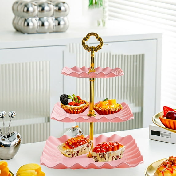 Three-Layer Fruit Serving Tray Stand | Multi-Layer Dessert, Candy & Snack Display | Heavy-Duty, Easy Assembly | For Wedding, Party, KTV, Living Room | 13.38x9.84in | Green, White, Pink | 1pc