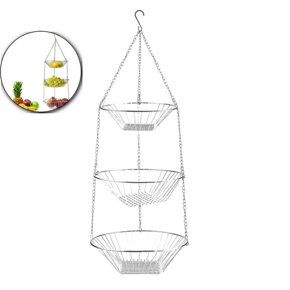Three-Layer Metal Fruit Hanging Basket, Foldable Kitchen Iron Storage Rack, Hollow Design Vegetable Organizer for Home Use