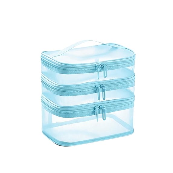 Three Layer Toiletry Bag with Transparent Mesh Pockets and Foldable Design for Home Travel