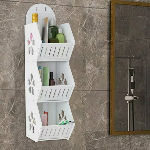 Three Layer Wall Mounted Bathroom Storage Rack | PVC Organizer Shelf White | Space Saving 3-Tier Design | Hanging Rings & Hollow Ventilation | Bathroom Laundry Kitchen | 45x10x12cm