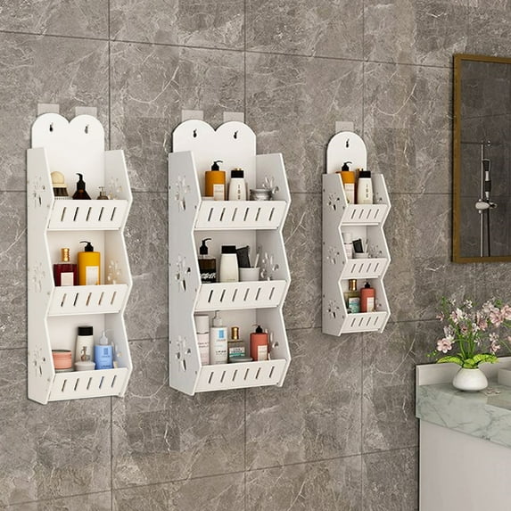 Three Layer Wall Mounted Bathroom Storage Rack, Space Saving PVC Organizer Shelf for Bathroom, Laundry, Kitchen, White, 45x10x12cm