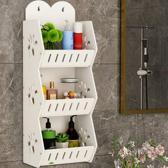 Three Layer Wall Mounted Bathroom Storage Rack, Space Saving PVC Organizer Shelf for Bathroom, Laundry, Kitchen, White, 45x10x12cm