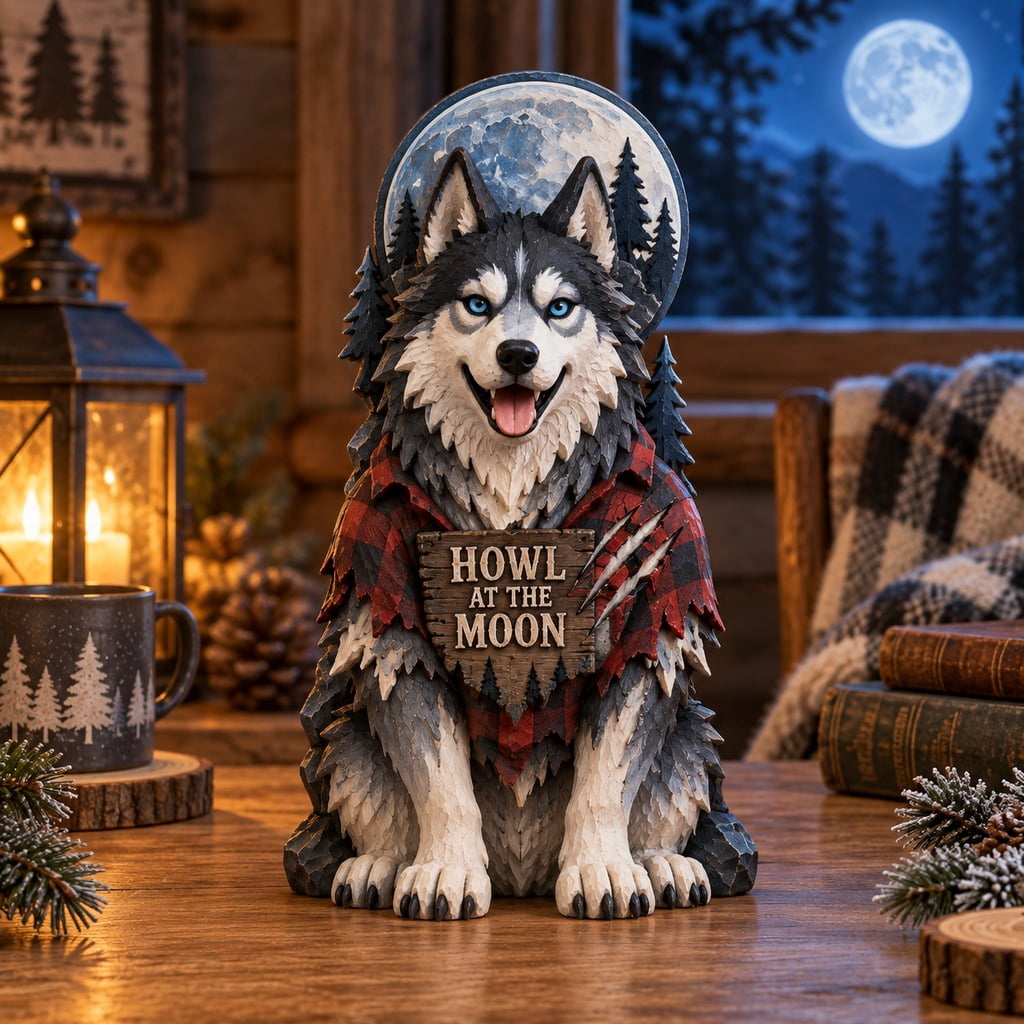 Three Layer Wooden Tabletop Display Howling Husky Halloween Decor ...