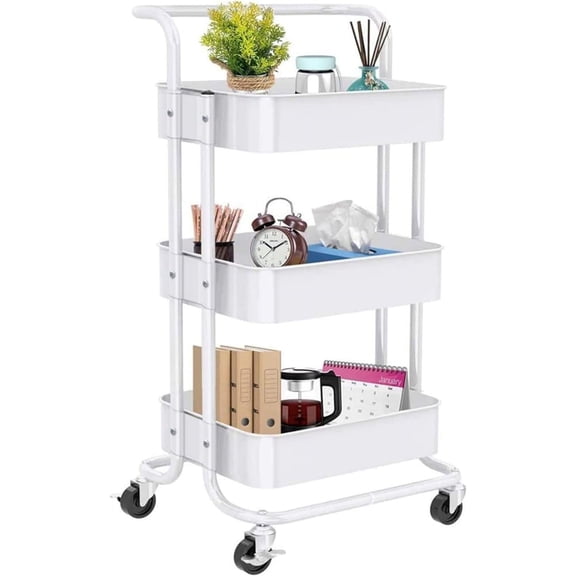 Three-Layer mesh Utility cart, Rolling cart with Handle and Lockable Wheel, Multi-Function Storage Rack in Kitchen, Living Room and Office-White