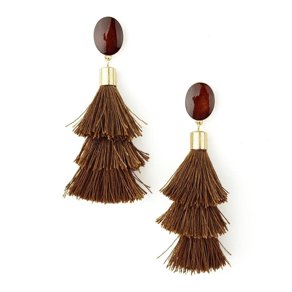 Three Layered Tassel Drop Earrings Brown 3 1 2 Inch