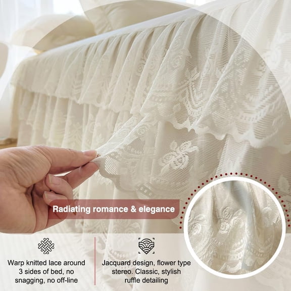Three Layers Lace Bed Sheet Skirt for Queen Bed - 17in Drop, Ruffle Wrap Around Anti Wrinkle