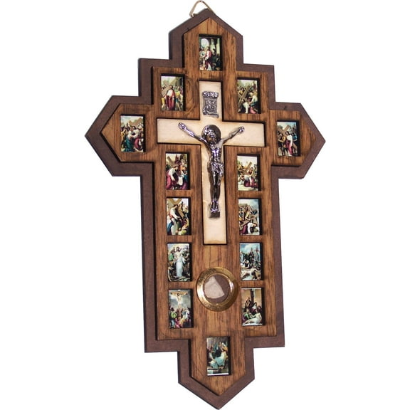 Three Layers with Olive Wood Crucifix - icon 14 Stations of the Cross 7 x 4.5 to 5.5 Inches