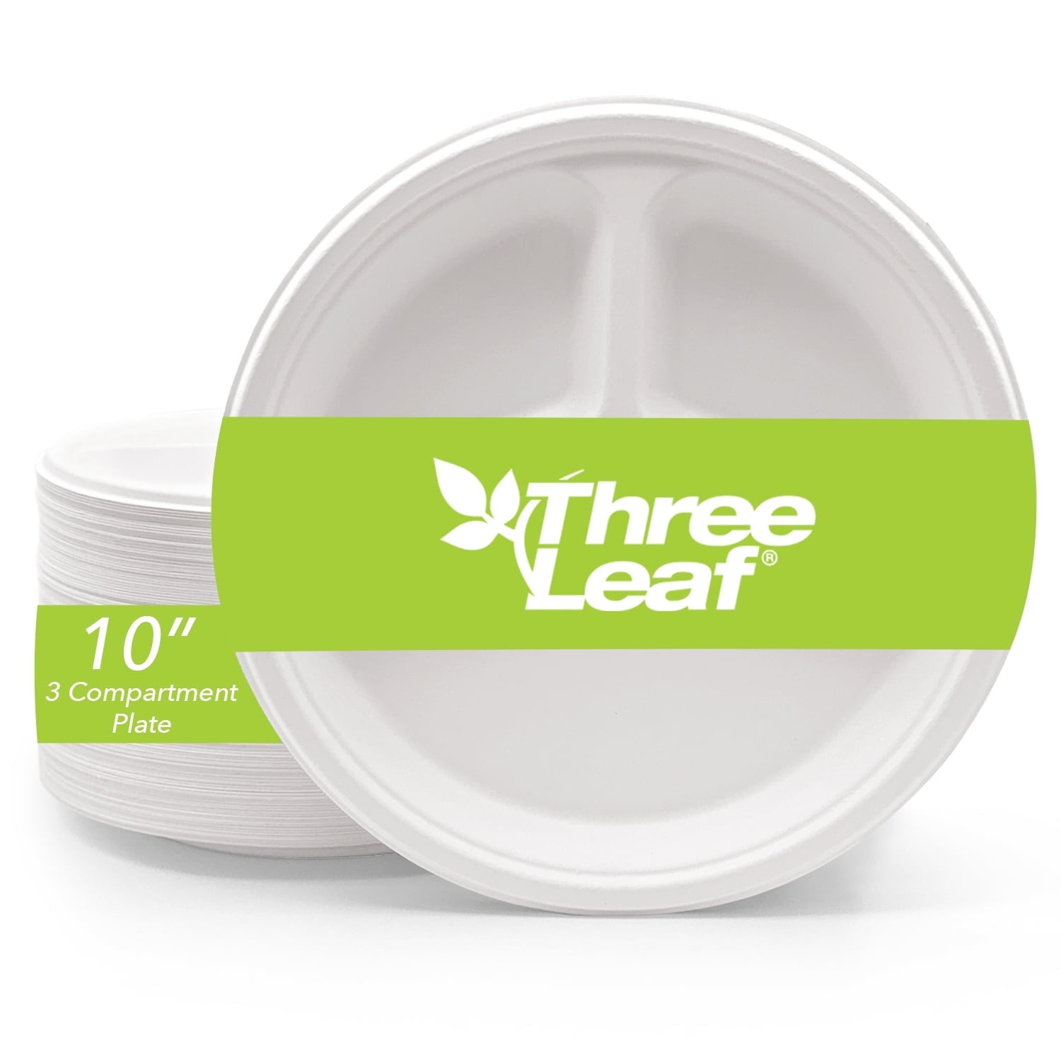 Three Leaf 10” 3-Compartment Bagasse Round Disposable Plates 150 Ct Heavy-Duty Super Strong White Eco-Friendly Biodegradable Compostable Sugarcane Plates for Parties Catering BBQ and Events