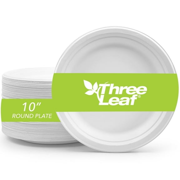 Three Leaf 10” Bagasse Round Disposable Plates 50 Ct Heavy-Duty Super Strong White Eco-Friendly Biodegradable Compostable Sugarcane Plates for Parties Catering BBQ and Events