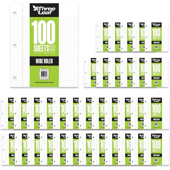 Three Leaf 100-Sheet Wide-Ruled Loose-Leaf Filler Paper, White, Fits 3-Ring Binders, Pack of 36