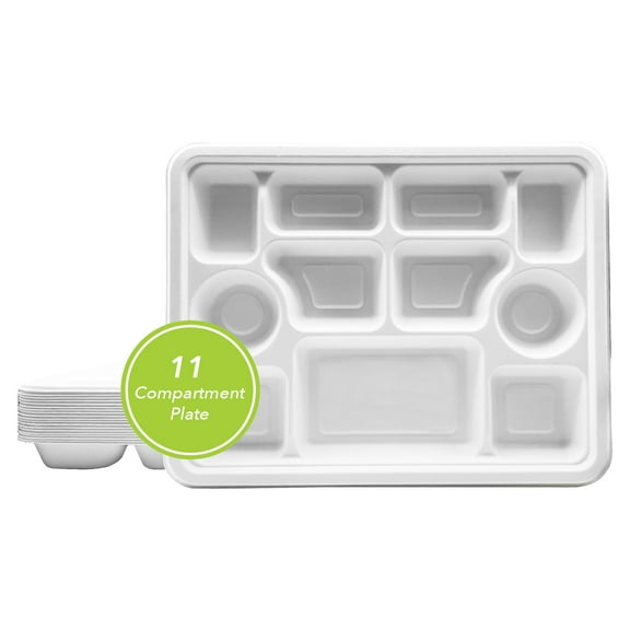 Three Leaf 11 Compartment Bagasse Rectangular Plate, 50 Ct. PFAS-Free, Heavy Duty, Sugarcane Fiber, Eco Friendly Disposable, 100% Biodegradable, Microwave and Freezer Safe, Ideal for Lunch, Buffet