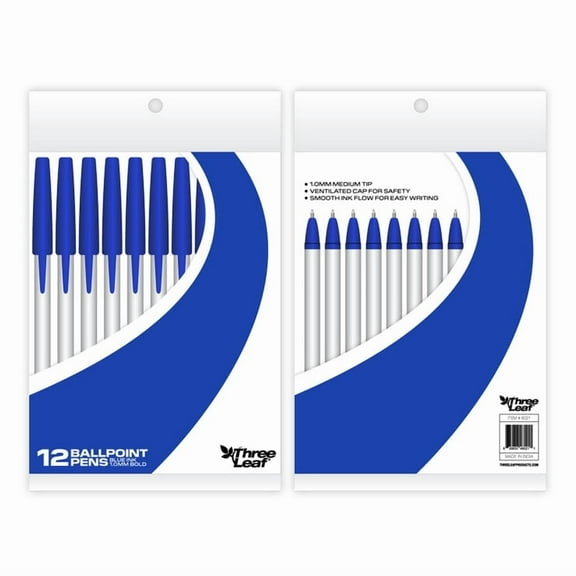 Three Leaf 12 Ct Bulk Pack Blue Ink Stick Ball Point Pen (Pack of 48), Medium Point, 1.0Mm, Fine Point Smooth Writing Pens, Classroom Office Supplies, Great For Everyday Use