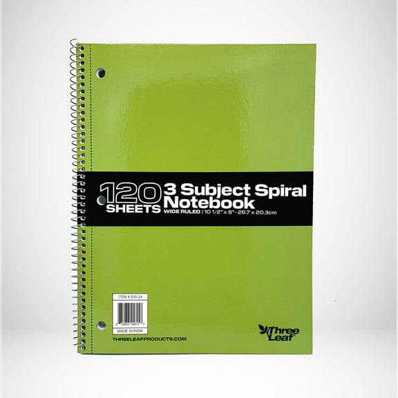 Three Leaf 120 Sheets, 10 1/2 X 8, 3 Subject Spiral Notebook, Wide Ruled, Pack Of 24
