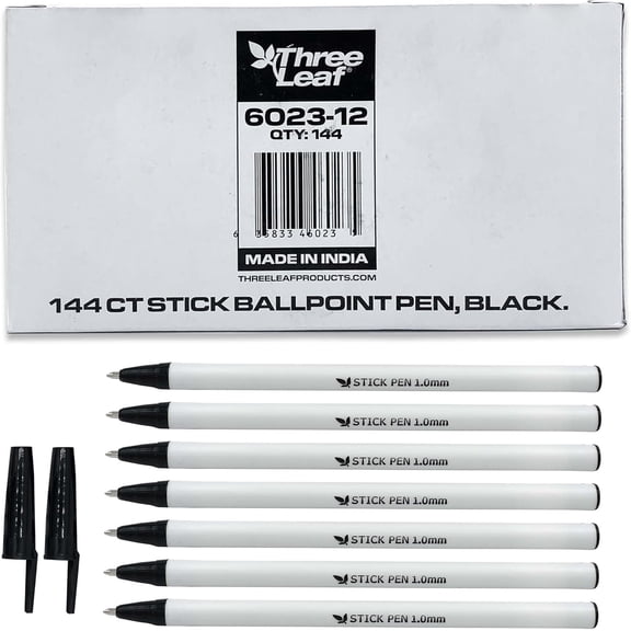 Three Leaf 144 Ct. Black Stick Ball Point Pen, Pack Of 1, Round Barrel For Writing Comfort, Smooth Writing For Office
