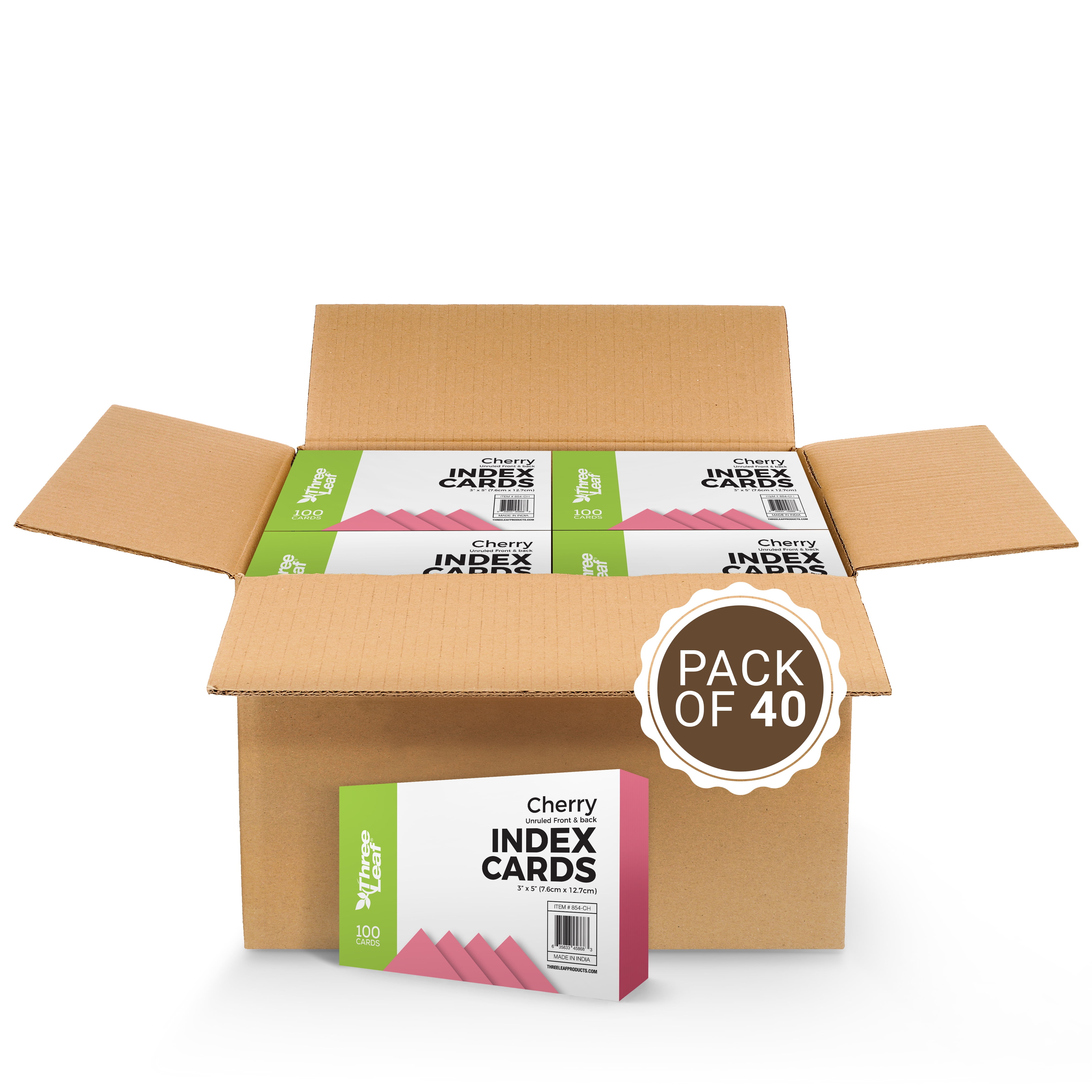 Three Leaf 3 X 5, Index Cards Unruled, 4000 Ct. (100 X 40) Cherry, Blank Flash Cards, Study Card, Memo Pad, For To-Do List, Art And Craft Projects