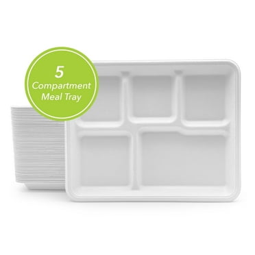 Three Leaf 5-Compartment Bagasse School Trays 50 Ct Heavy-Duty Super Strong Natural Eco-Friendly Disposable Plates 100% Biodegradable and Compostable Meal Trays for School, Catering, and Events