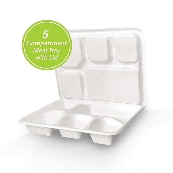 Three Leaf 5 Compartment Meal Tray with Lid Set 25 Sets Heavy-Duty Super Strong White Eco-Friendly Disposable Meal Trays for Catering, Events, and Takeout