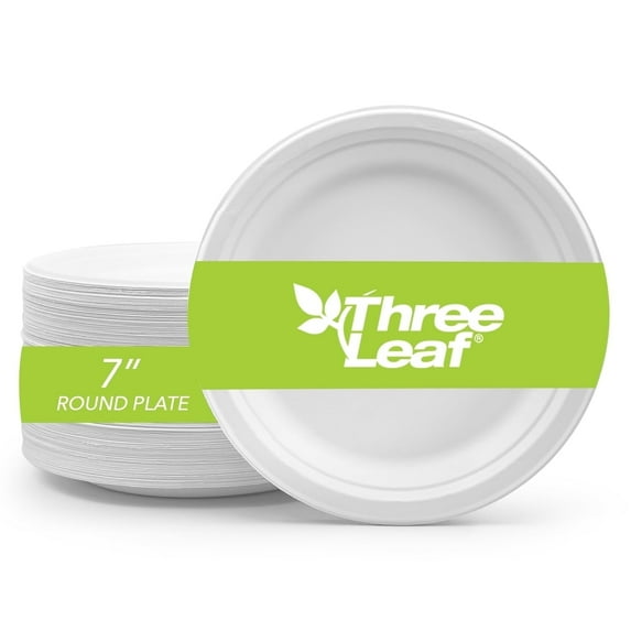 Three Leaf 7" Bagasse Round Disposable Plates 50 Ct Heavy-Duty Super Strong Eco-Friendly Biodegradable Compostable White Sugarcane Plates for Parties Catering BBQ and Events
