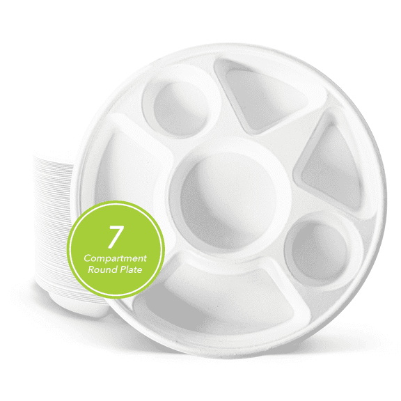 Three Leaf 7-Compartment Bagasse Round Disposable Plates 50 Ct Heavy-Duty Super Strong White Eco-Friendly Biodegradable Compostable Sugarcane Plates for Parties Catering BBQ and Events