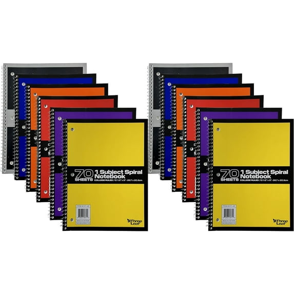 Three Leaf 70 Sheets College Ruled 8" X 10 1/2" Spiral Notebook, Pack Of 12, 1 Subject, Assorted Colors, Spiral Notebook For Student Office
