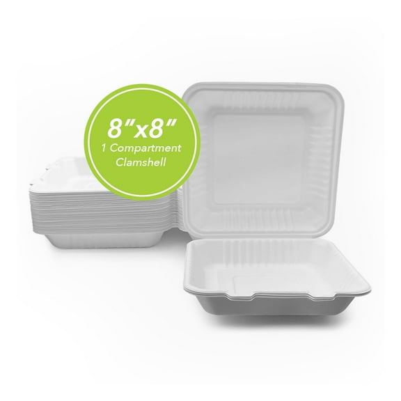 Three Leaf 8" x 8" 1-Compartment Bagasse Clamshell 50 Ct Disposable Eco-Friendly Biodegradable Compostable Sugarcane Clamshells for Takeout, Catering, and Events
