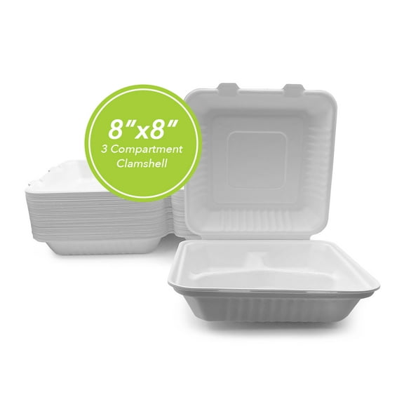 Three Leaf 8” x 8” 3-Compartment Bagasse Clamshell 50 Ct Heavy-Duty Super Strong White Eco-Friendly Biodegradable Compostable Sugarcane Clamshells for Takeout, Catering, and Events