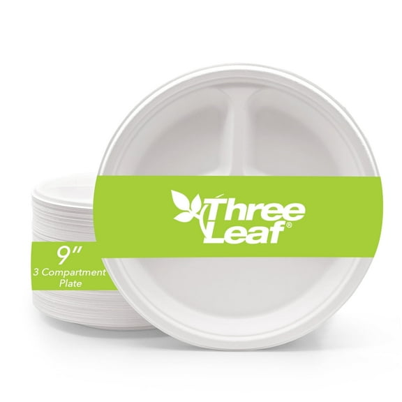 Three Leaf 9” 3-Compartment Bagasse Round Disposable Plates 150 Ct Heavy-Duty Super Strong White Eco-Friendly Biodegradable Compostable Sugarcane Plates for Parties Catering BBQ and Events