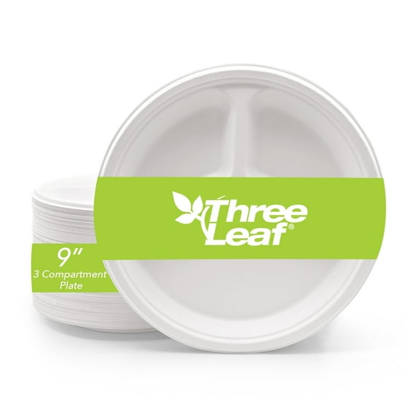 Three Leaf 9” 3-Compartment Bagasse Round Disposable Plates 50 Ct Heavy-Duty Super Strong White Eco-Friendly Biodegradable Compostable Sugarcane Plates for Parties Catering BBQ and Events