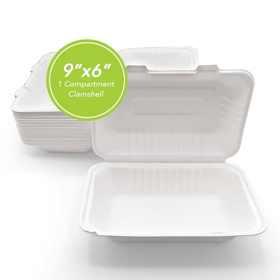 Three Leaf 9” x 6” 1-Compartment Bagasse Clamshell 200 Ct Heavy-Duty Super Strong White Eco-Friendly Biodegradable Compostable Sugarcane Clamshells for Takeout, Catering, and Events