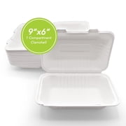 Three Leaf 9  x 6  1-Compartment Bagasse Clamshell 50 Ct Heavy-Duty Super Strong White Eco-Friendly Biodegradable Compostable Sugarcane Clamshells for Takeout, Catering, and Events