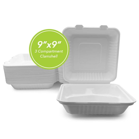 Three Leaf 9" x 9" 3-Compartment Disposable Bagasse Clamshell 100 Ct Heavy-Duty White Eco-Friendly Biodegradable Compostable Sugarcane Clamshells for Takeout, Catering, and Events