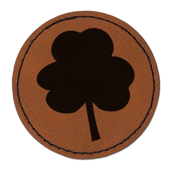 Three Leaf Clover Solid 2.5" Faux Leather Round Engraved Iron-On Patch - Brown