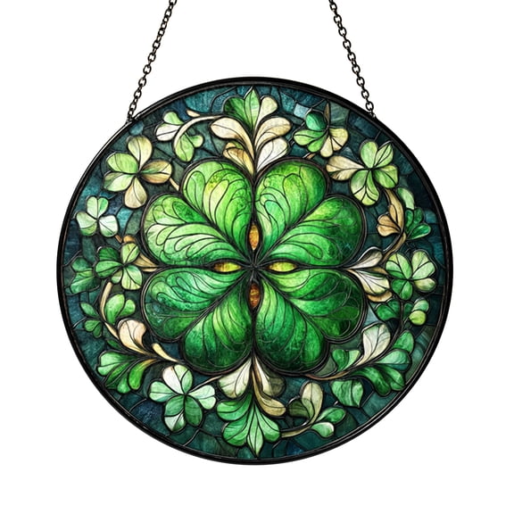 Three Leaf Clover Stained Glass Window Hanging – Green Floral Decor