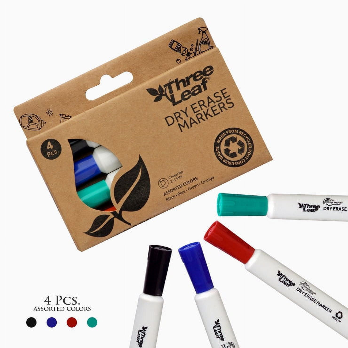 Three Leaf Dry Erase Marker 4 Ct., Pack Of 1, Assorted Color, Chisel Tip, DryErase Marker for