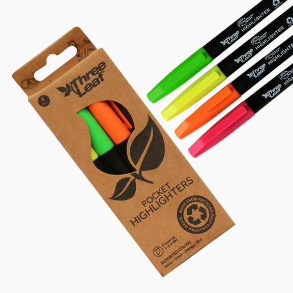 Three Leaf Highlighter 4 Ct., Pack Of 1, Assorted Color, Chisel Tip. Ideal Highlighter for Organizing and Coloring, Dry-Quickly Non-Toxic Highlighter, Suitable for Offices, Schools, Home.