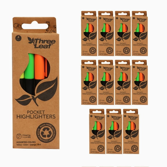 Three Leaf Highlighter 4 Ct., Pack Of 12, Assorted Color, Chisel Tip. Ideal Highlighter for Organizing and Coloring, Dry-Quickly Non-Toxic Highlighter, Suitable for Offices, Schools, Home.