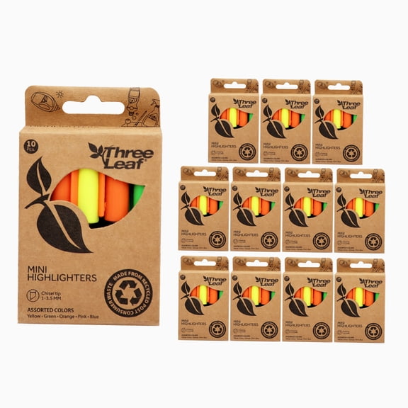 Three Leaf Mini Highlighter 10 Ct., Pack Of 12, Assorted Color, Chisel Tip.Ideal Highlighter for Organizing and Coloring, Dry-Quickly Non-Toxic Highlighter, Suitable for Offices, Schools, Home.