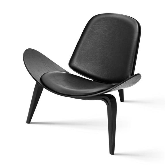 Three-Legged Shell Chair Mid-Century Modern Wood Chair With Black PU Leather Chair For Living Room, Reading Side Chair, Study, Office,Ash Wood