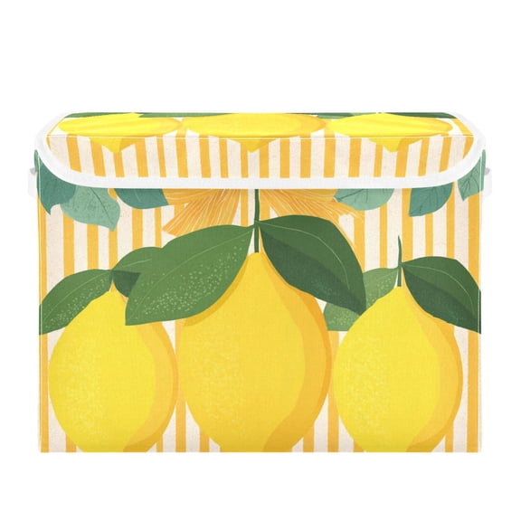 Three Lemons Yellow Stripes Bows Leaves Foldable Storage Bin with Lid and Handle Collapsible Storage Box 16.5 x 12.6 x 11.8 inches