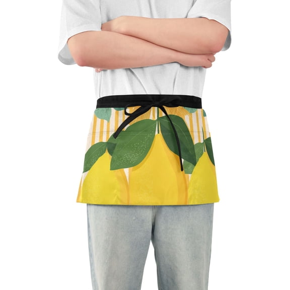 Three Lemons Yellow Stripes Bows Leaves Short Server Apron with 3 Pockets for Unisex Chef Gardening