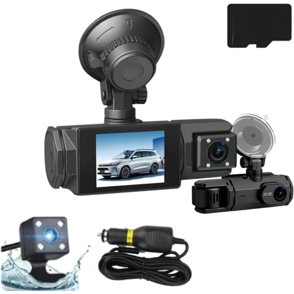 Three-Lens Driving Recorder, 3 Channel 1080P Dash Cam Front Inside Rear with Night Vision, 170° Wide Angle Car Security Camera, Loop Recording, Parking Monitor, Windshield Mount