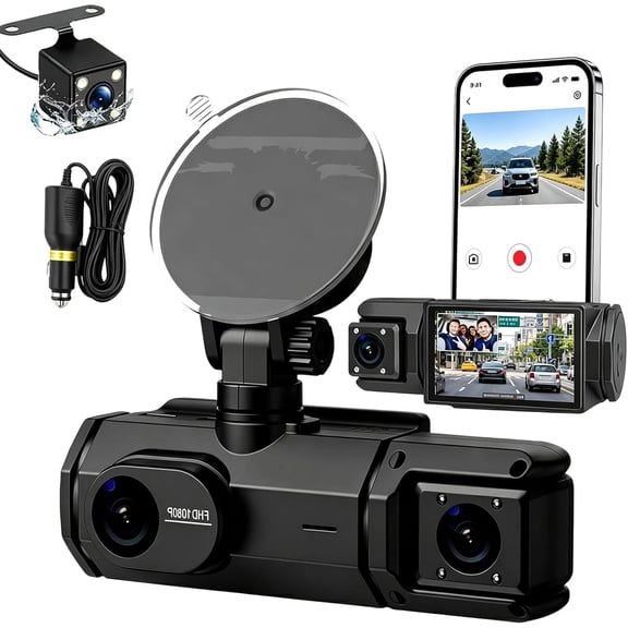 Three-Lens Driving Recorder, Wireless Dash Cam Front and Rear No Wire with Night Vision, 24h Parking Mode, Loop Recording, 3 Channel Dash Cam for Cars (1PC)