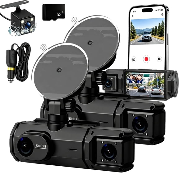 Three-Lens Driving Recorder, Wireless Dash Cam Front and Rear No Wire with Night Vision, 24h Parking Mode, Loop Recording, 3 Channel Dash Cam for Cars (2Pcs)