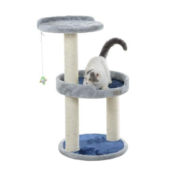 Three-Level Real Wood Compact Scratcher Gray W Plush Perch