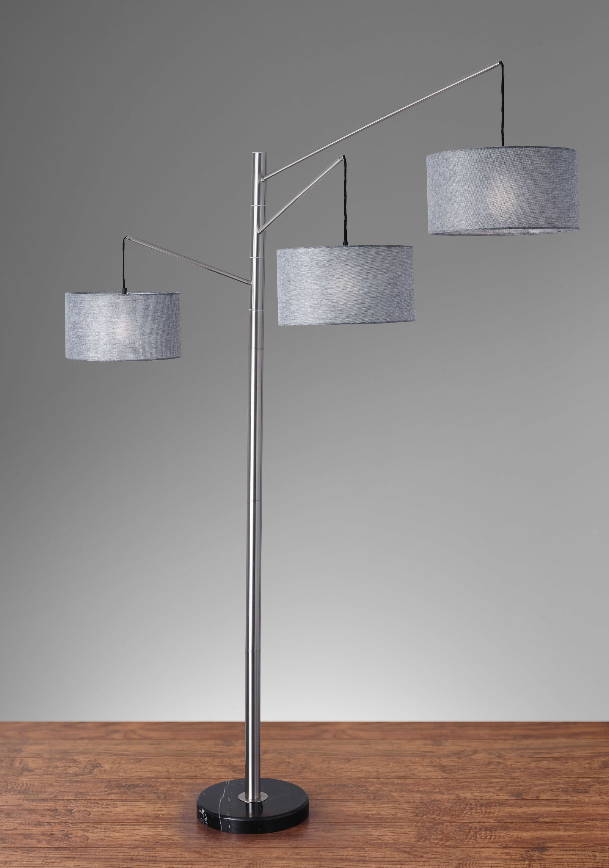 Modern Black Metal Arc Floor Lamp with Adjustable Arms and Gray Drum Shade