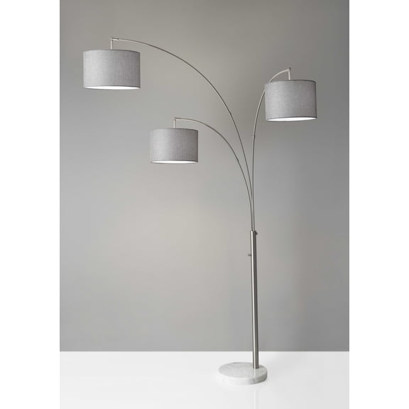 Three Light Floor Lamp Brushed Steel Metal Arc Arms